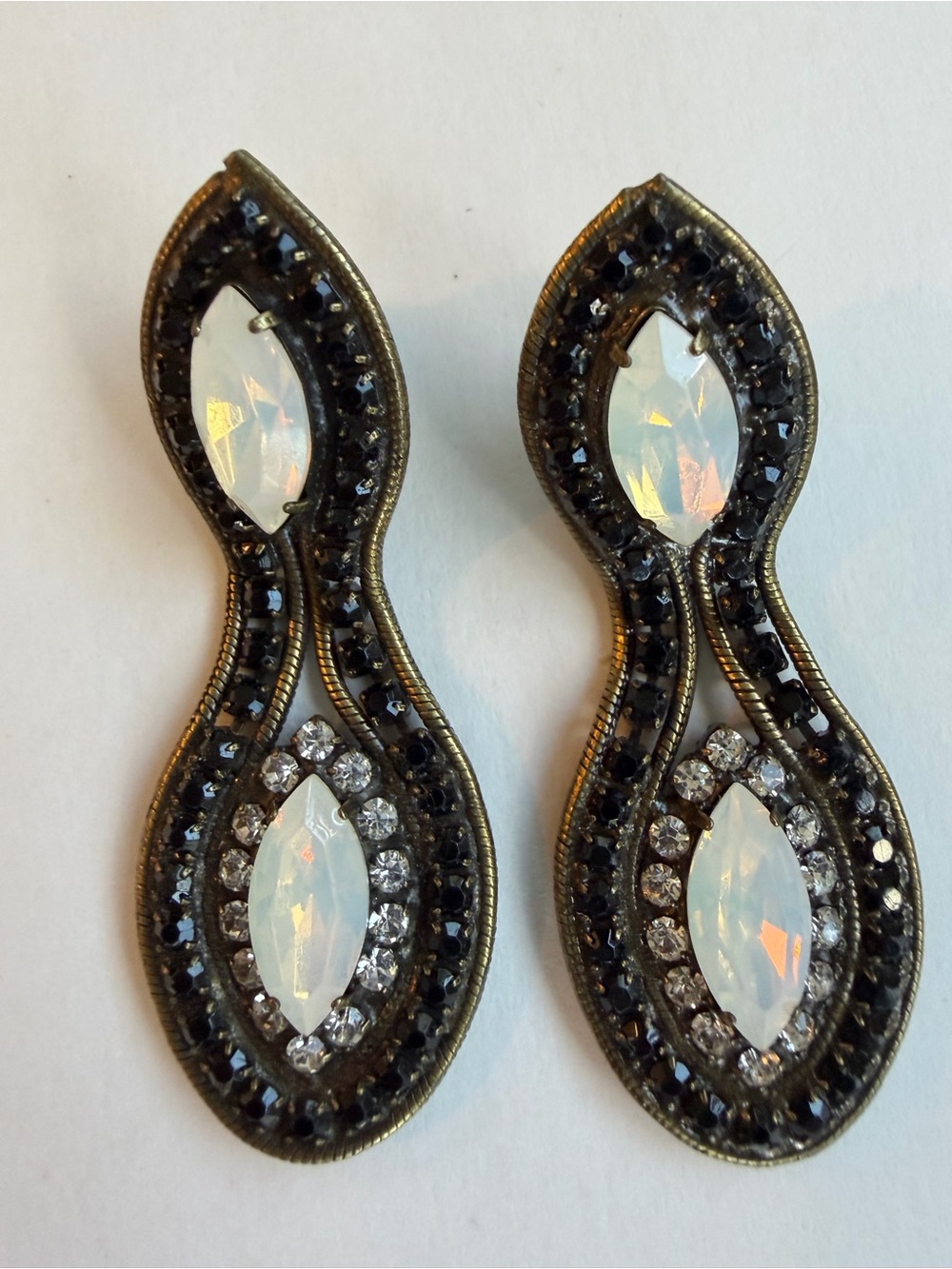 Lionette Teardrop Crystal Statement Earrings - White Opal & Black Accents